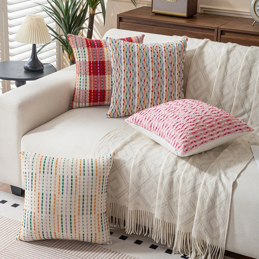 Boho Jacquard Grid Stripe Cushion Cover 18x18 Cotton Linen Pillowcase