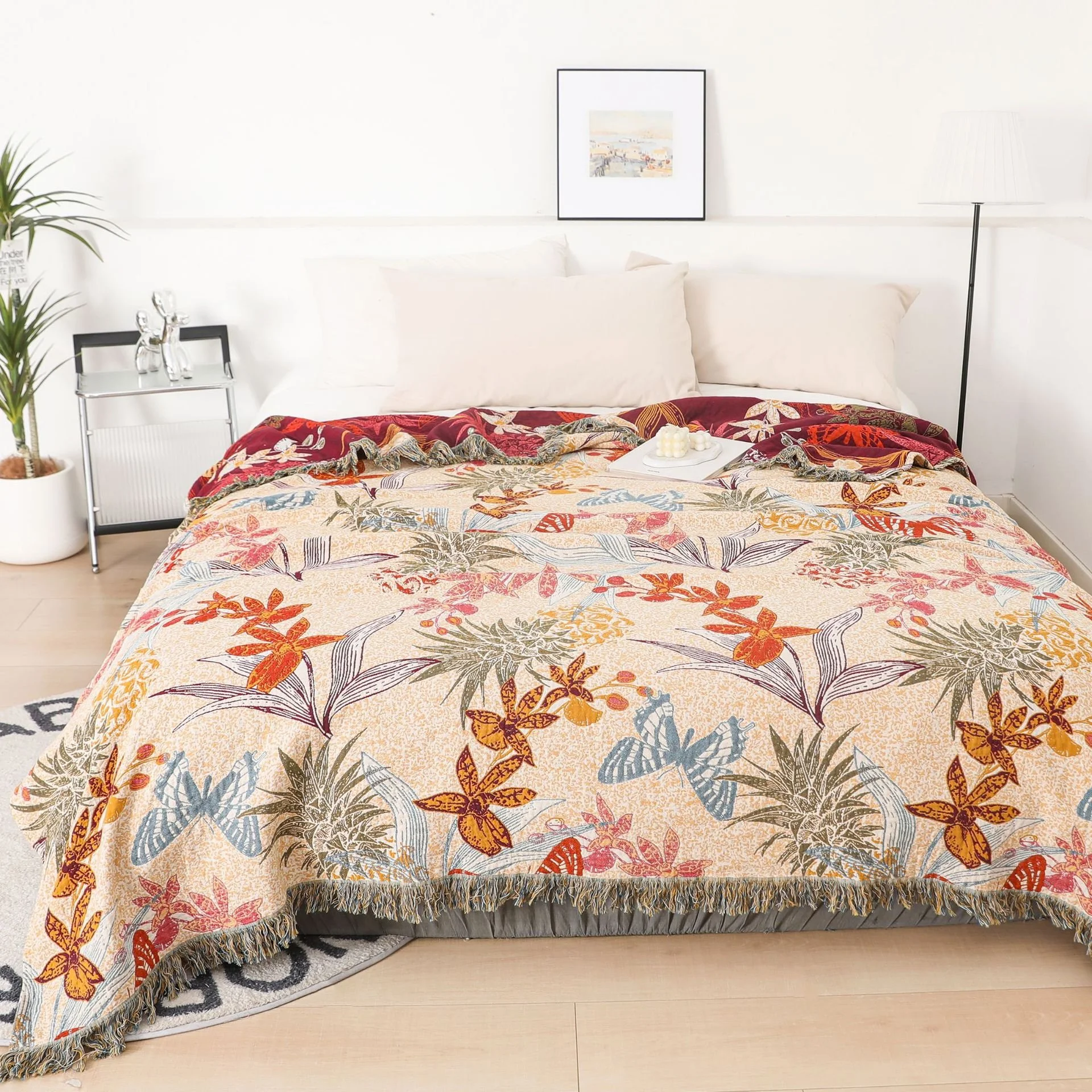 Floral Cotton Towel Blanket - Soft, Four-Layer Jacquard Bedspread
