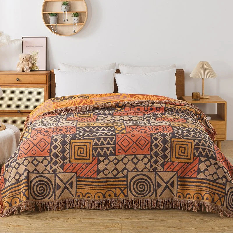 Four-Layer Cotton Gauze Geometric Tassel Bedspread & Summer Blanket
