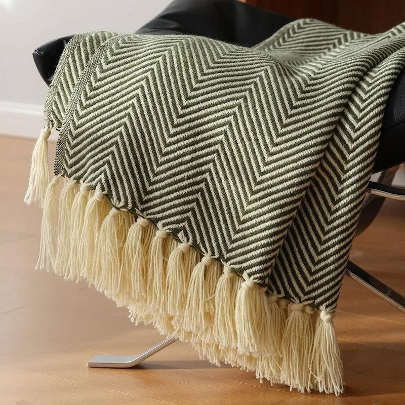 Olive Green Herringbone Knit Throw Blanket with Tassels for Sofa & Bed