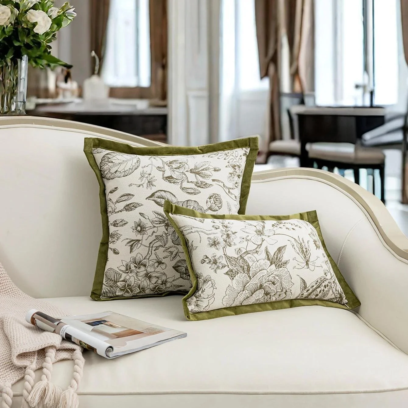 Green Floral Jacquard Throw Pillow Cover for Sofa, Bed & Car