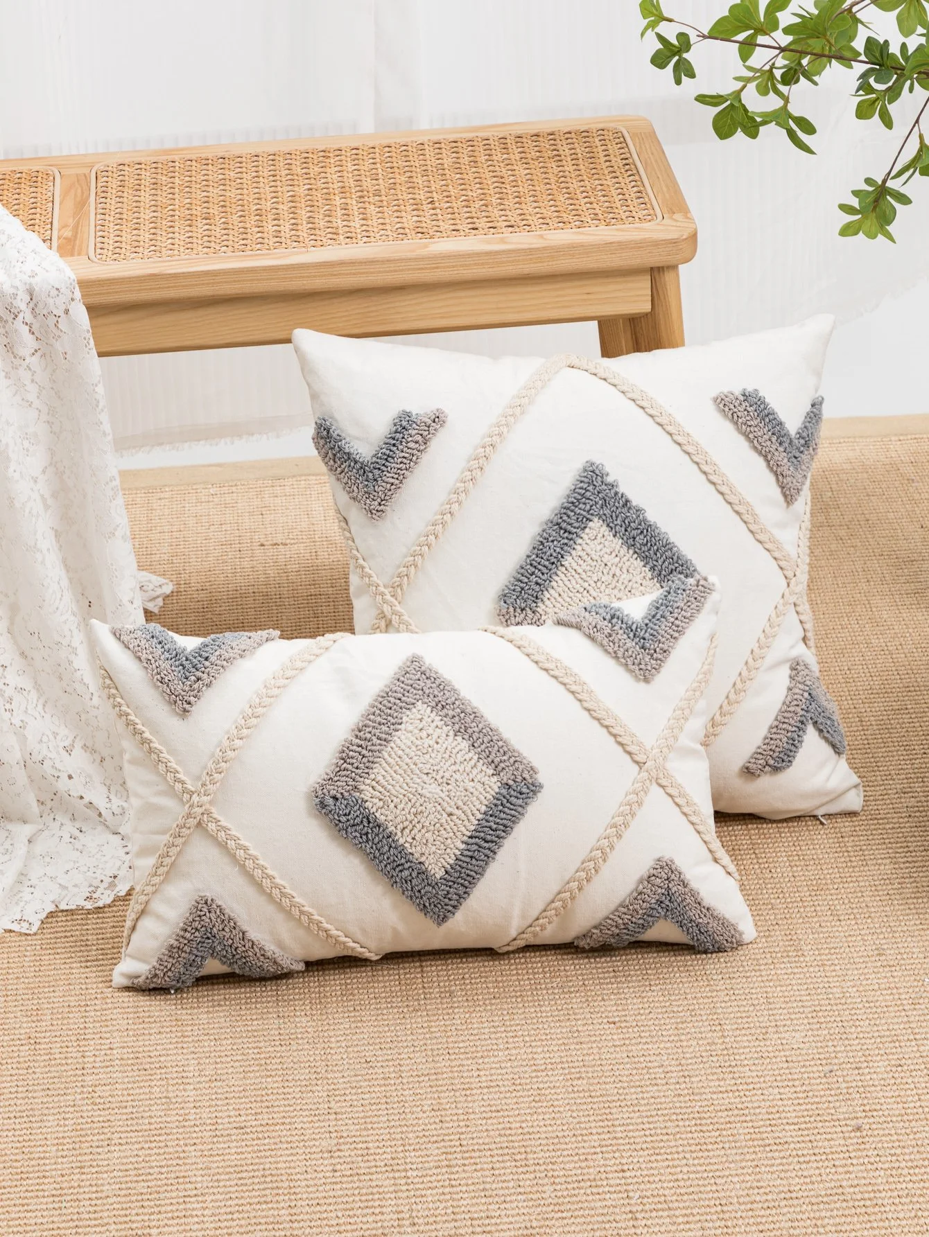 Diamond Jacquard Looped Throw Pillow Cover for Sofa & Bedroom Decor