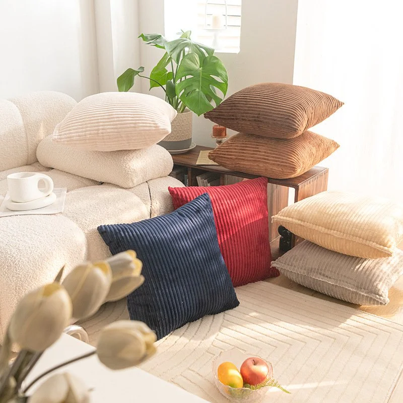 Boho Plush Faux Fur Striped Square Throw Pillow Cover