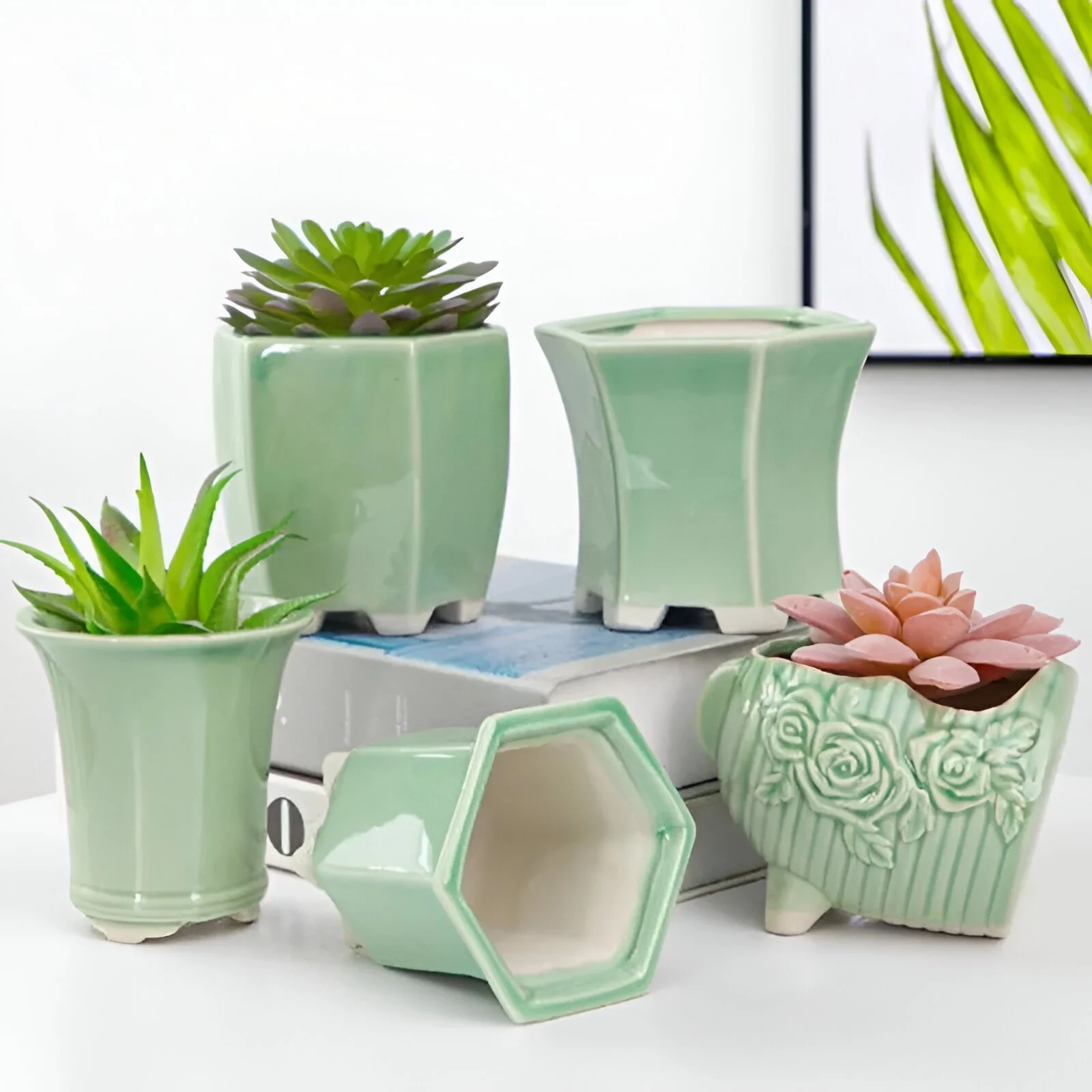 Celadon Geometric Porcelain Flowerpot Decorative Planter for Home & Office
