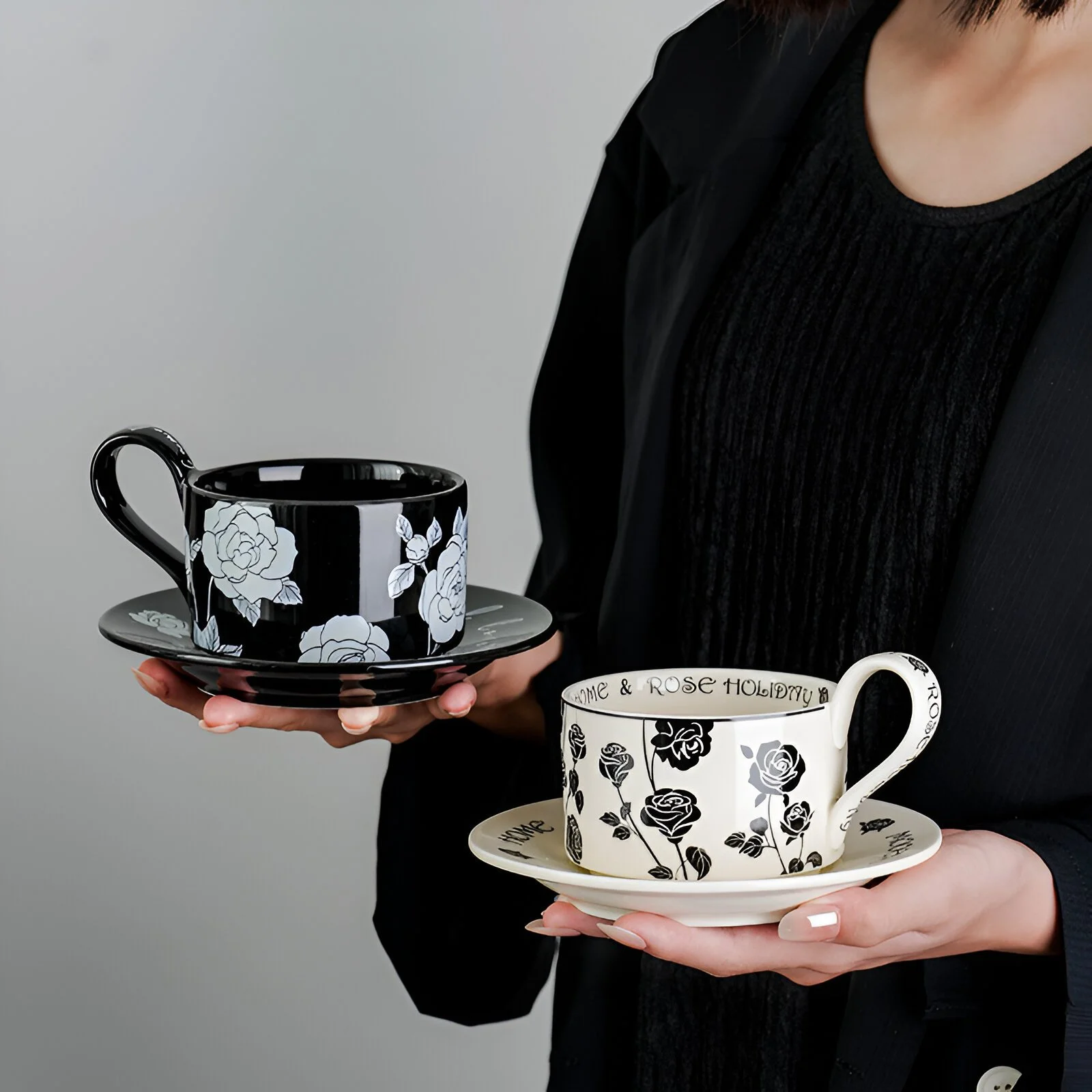 Black Rose Ceramic Latte Mug Set with Saucer – Vintage Home Coffee Cups