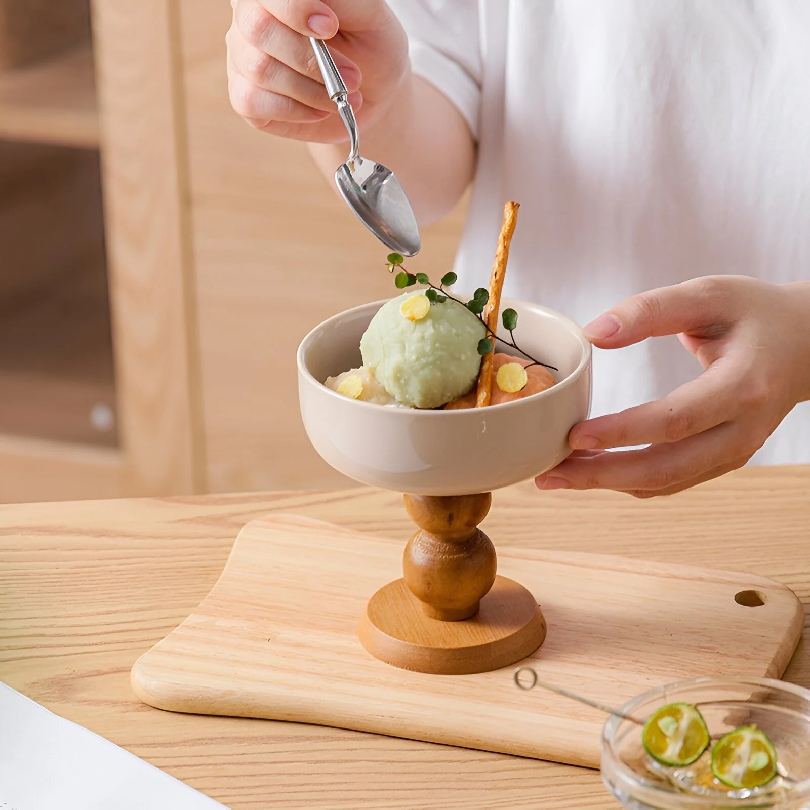 French Vintage Wooden Footed Dessert Bowl – Ceramic Ice Cream & Pudding Dish