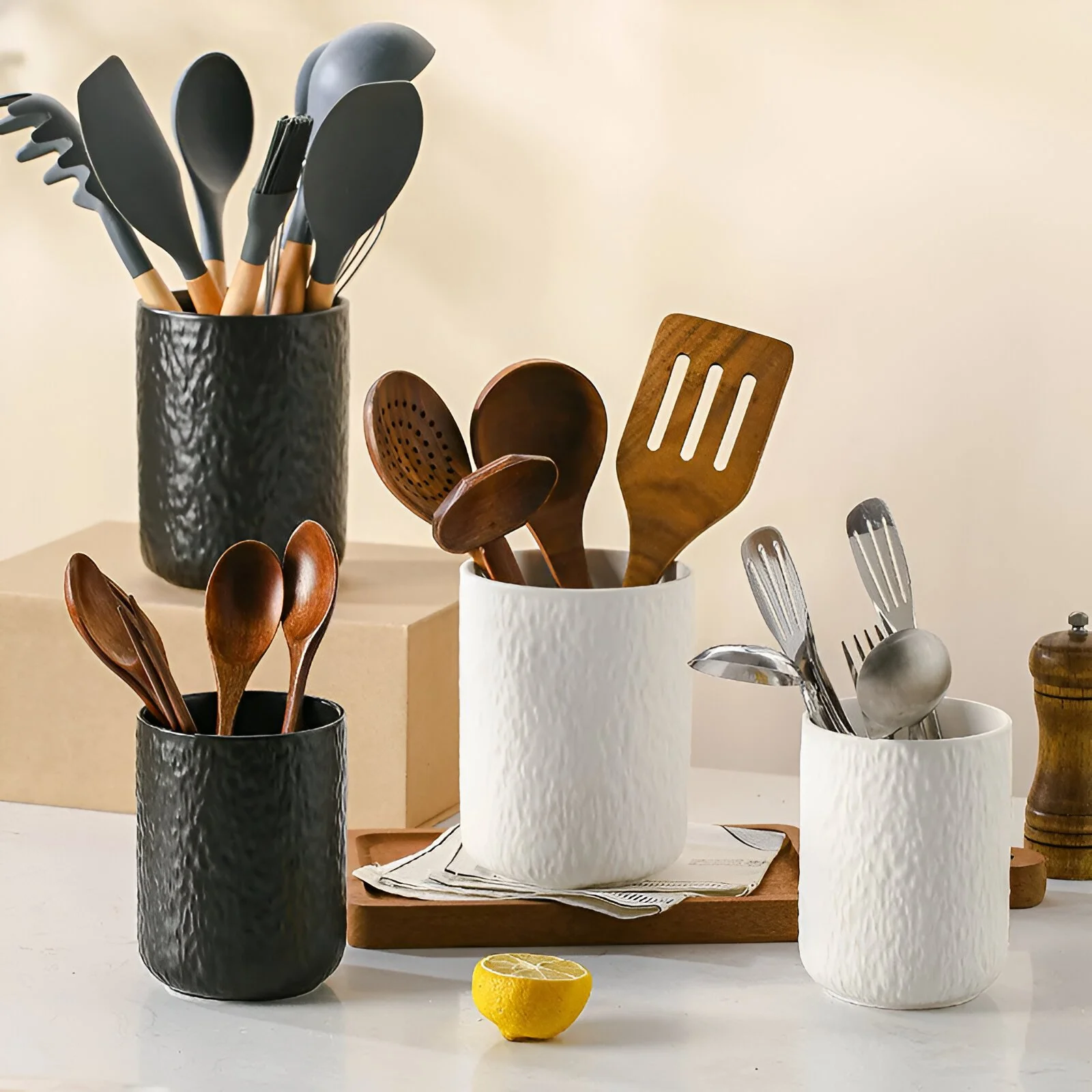 Premium Ceramic Rock-Texture Utensil Holder for Kitchen Organization