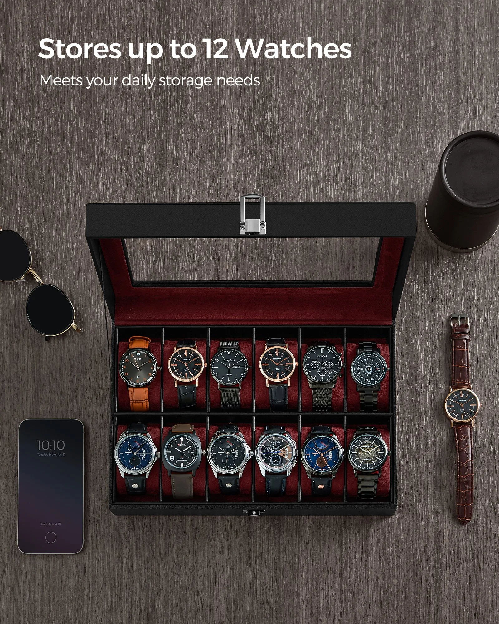 12-Slot Luxury Watch Storage Case with Glass Lid