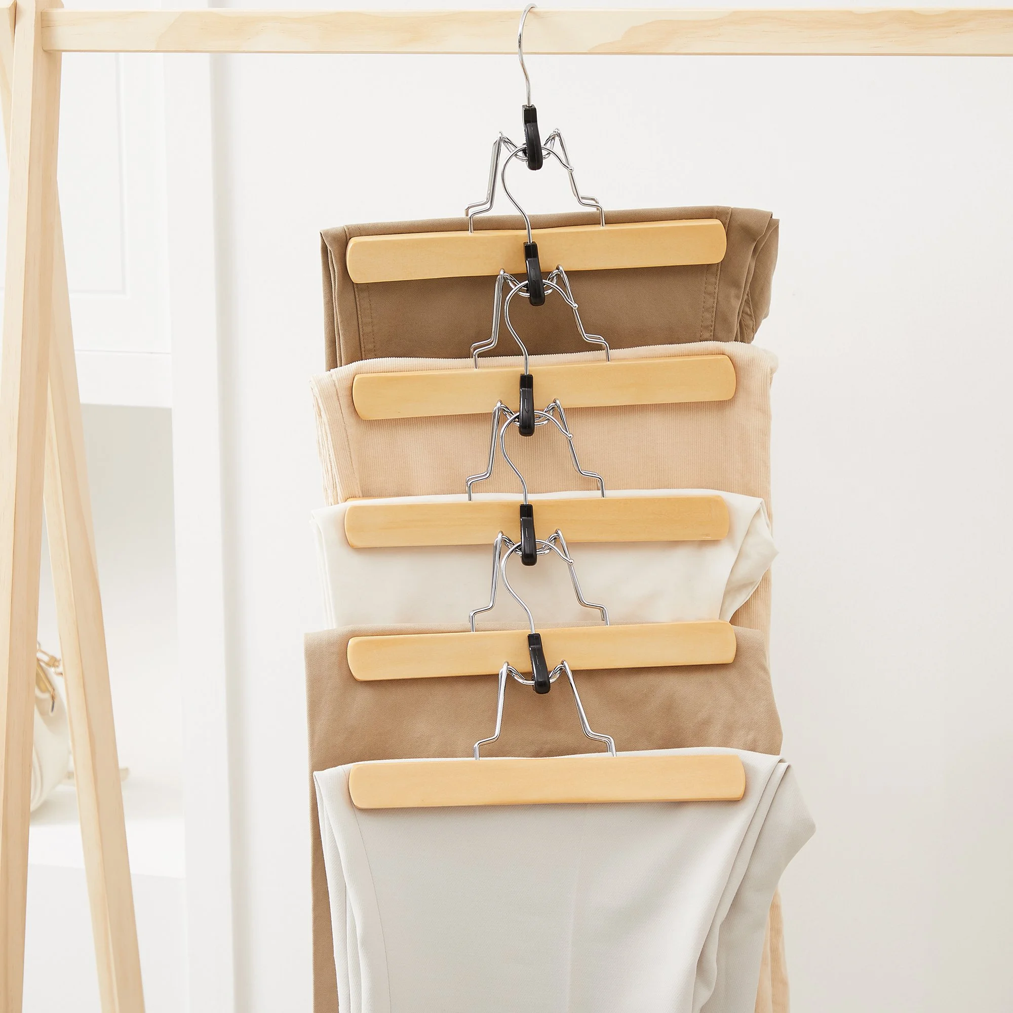 Premium Wooden Pants & Skirt Hangers with Non-Slip Felt Clamp, 12-Pack