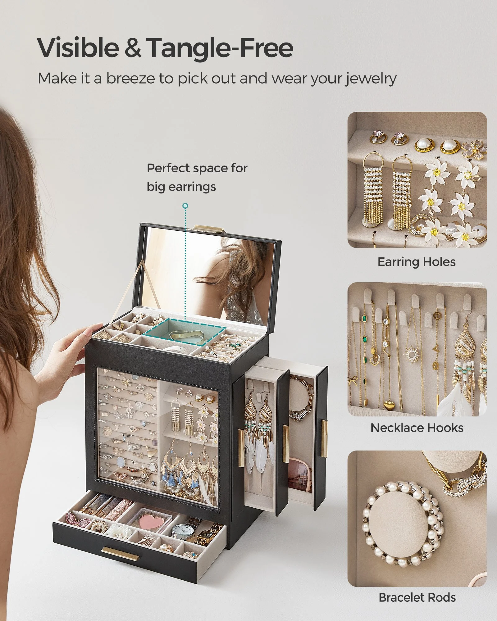 5-Tier Jewelry Organizer with Glass Window & Interchangeable Drawers