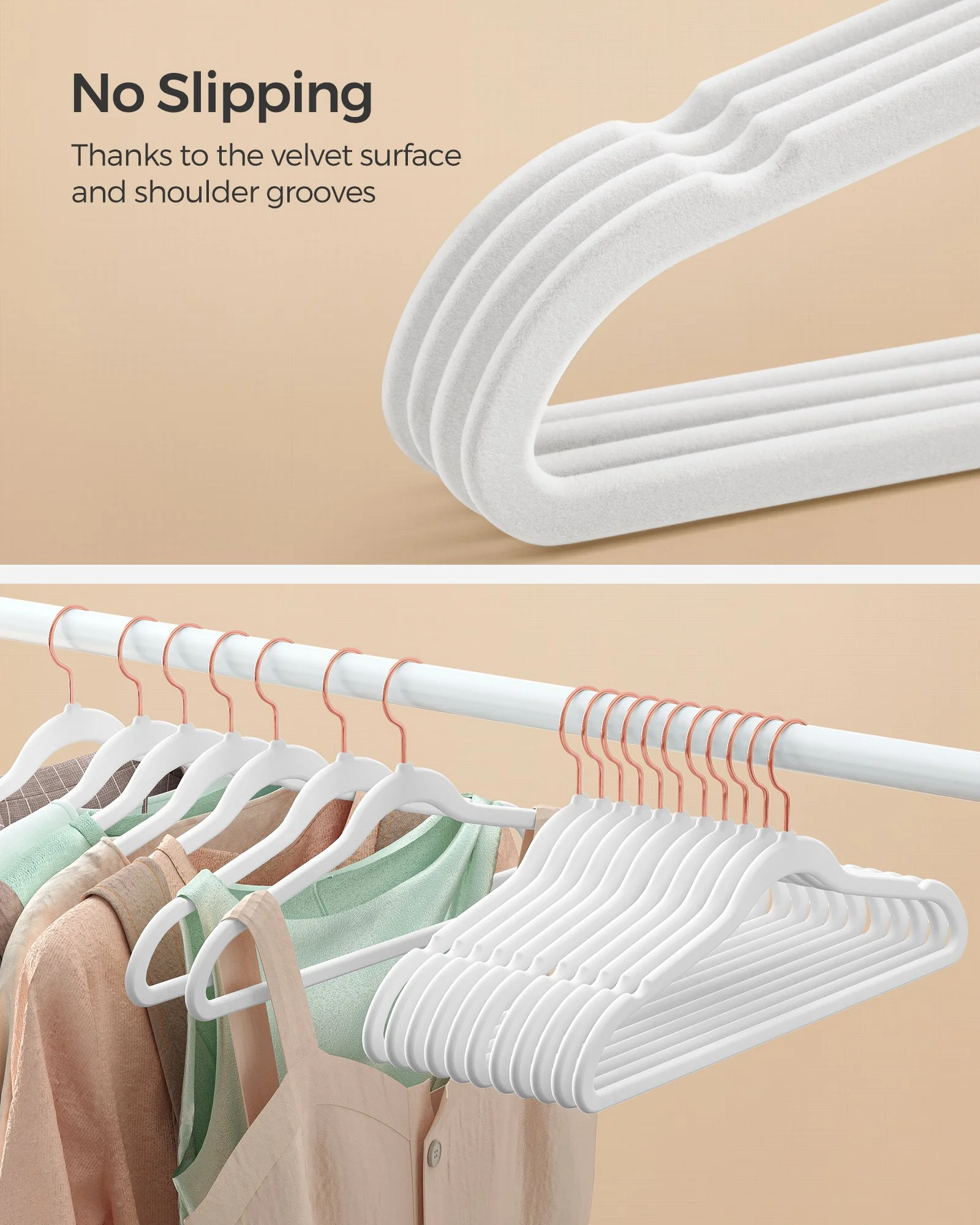 Velvet Non-Slip Hangers with Swivel Hooks, Space-Saving, 50-Pack, White
