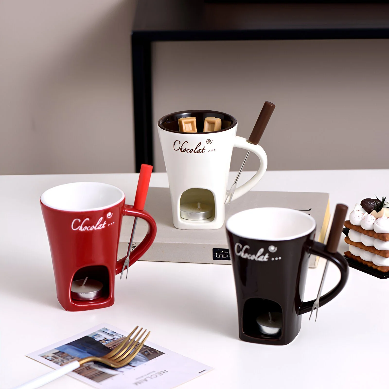 130ML Ceramic Chocolate Fondue Mug with Fork
