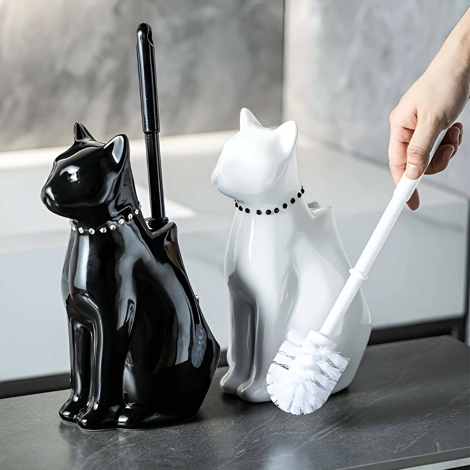 Creative Black and White Cat Ceramic Toilet Brush