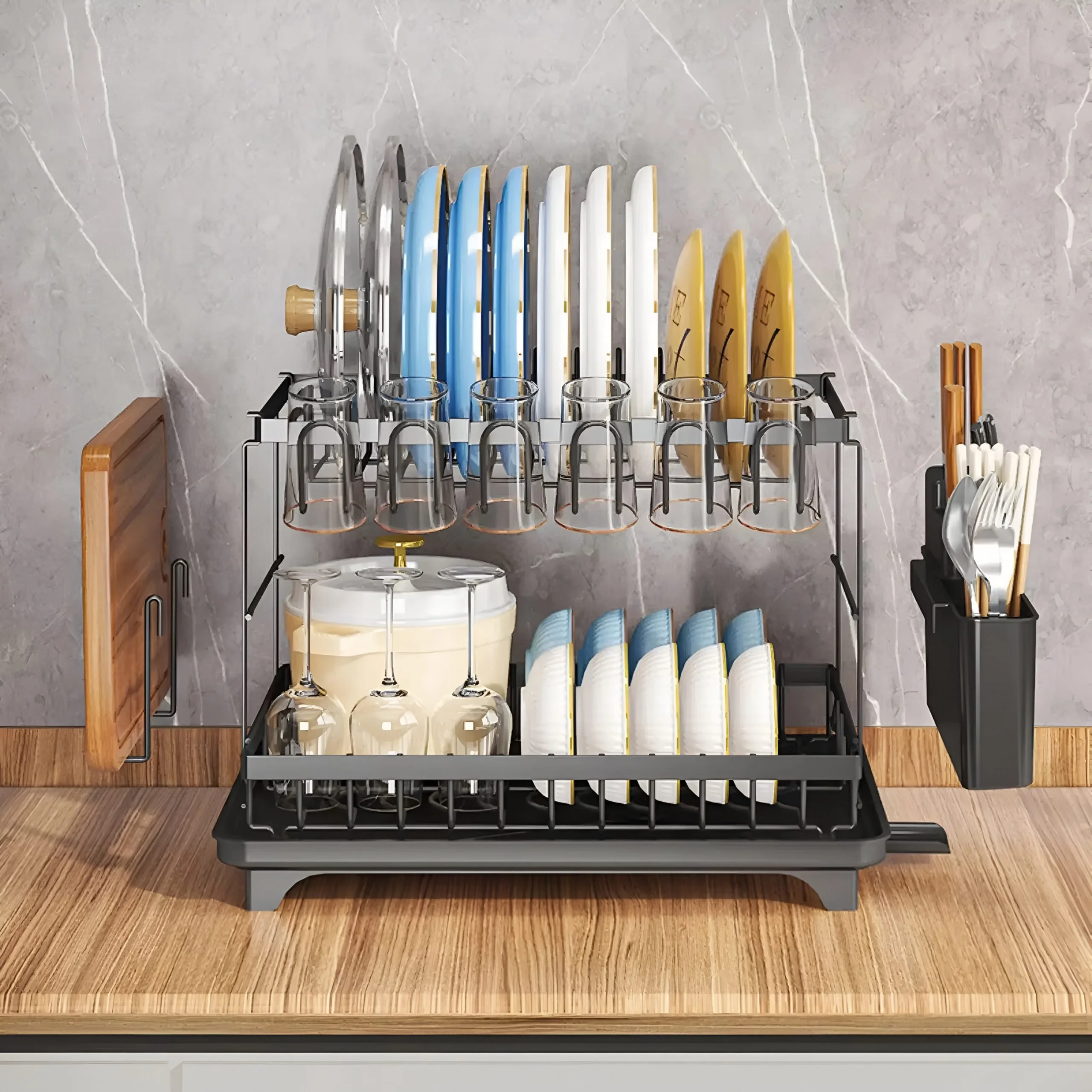 2-Tier Metal Dish Rack with Utensil Holder and Drainage Tray – Affordable Clearance Stock