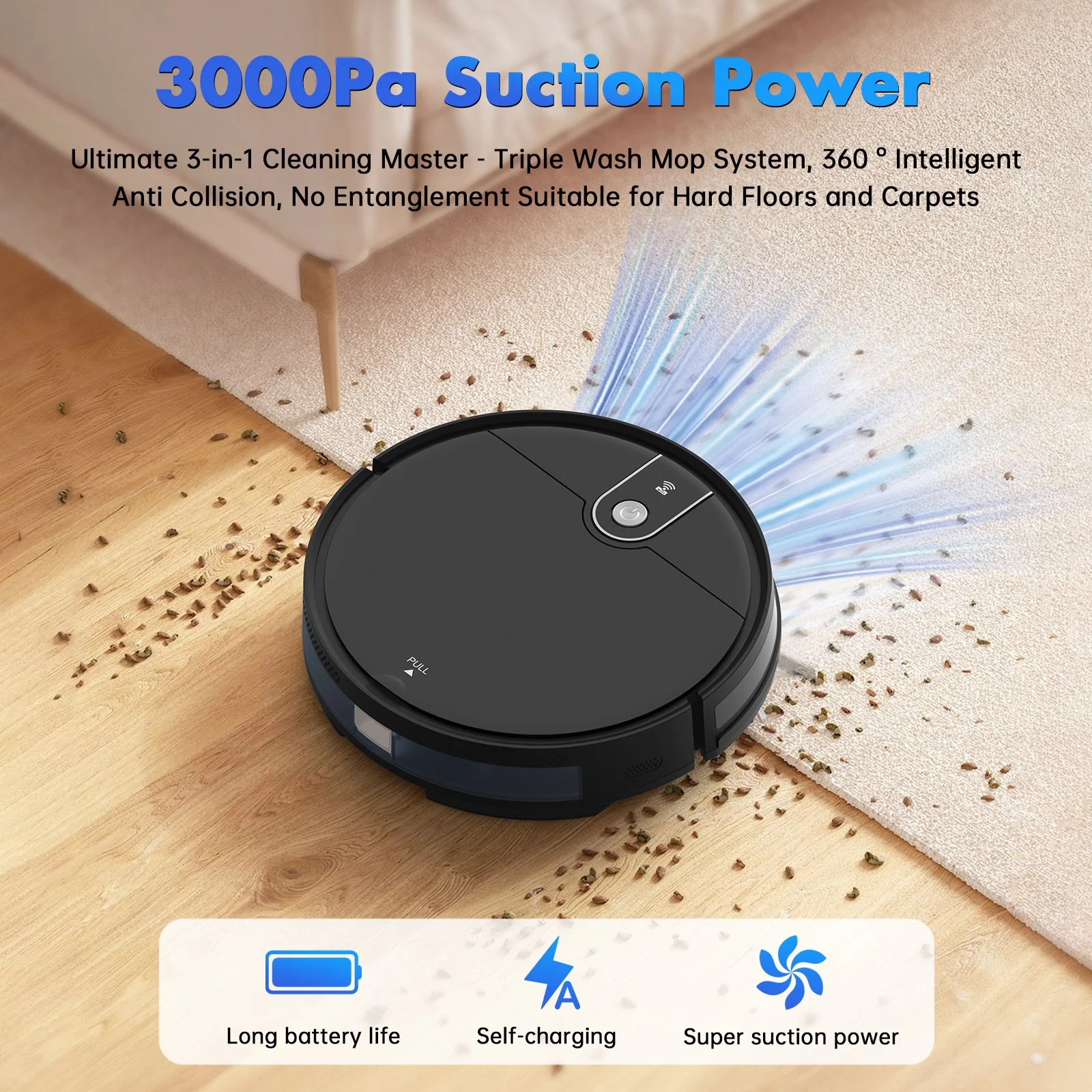 3-in-1 Smart Robot Vacuum and Mop with 3000Pa Suction for Hard Floors and Carpets