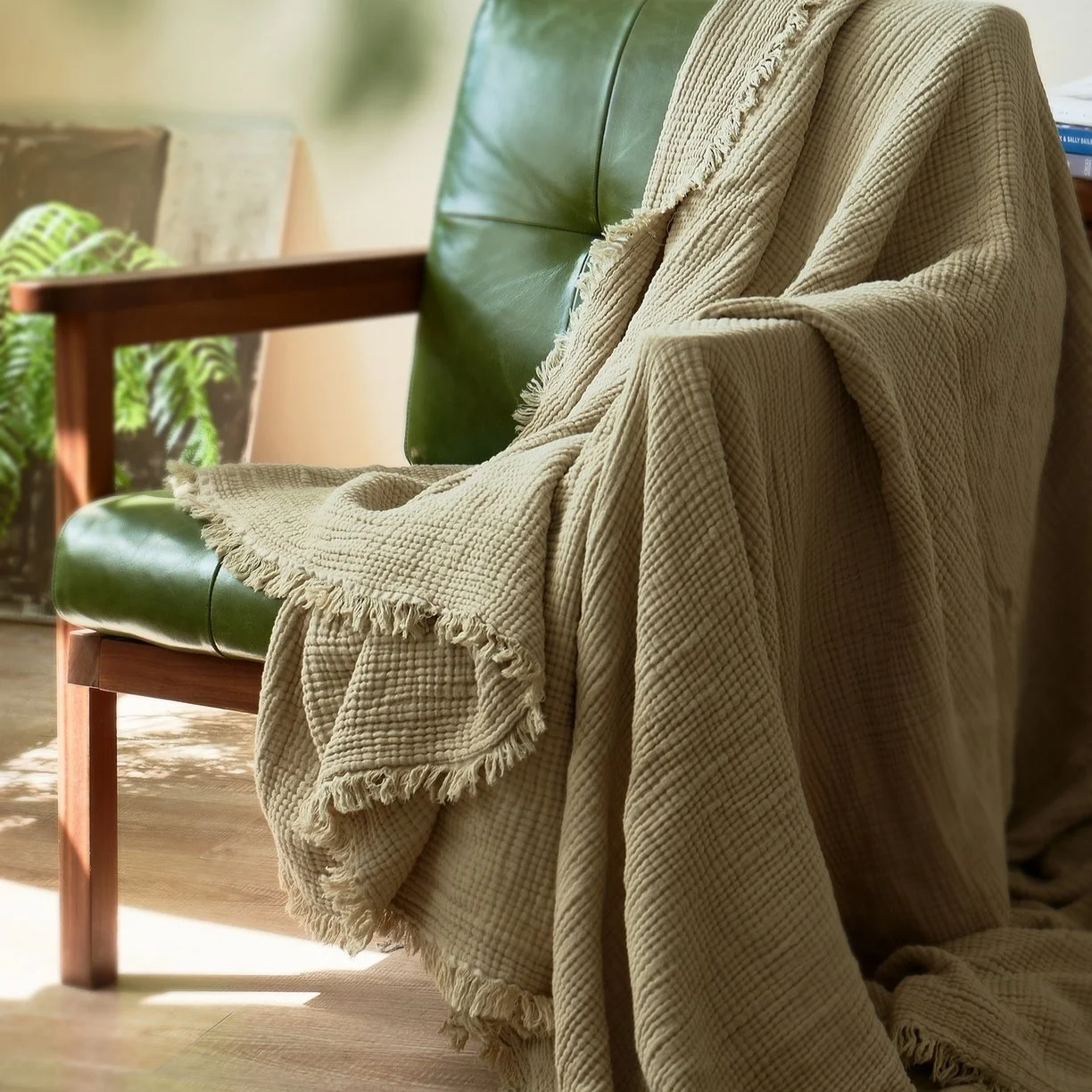 Solid Color Cotton Tassel Muslin Throw Blanket for Sofa, Bed & All-Season Use