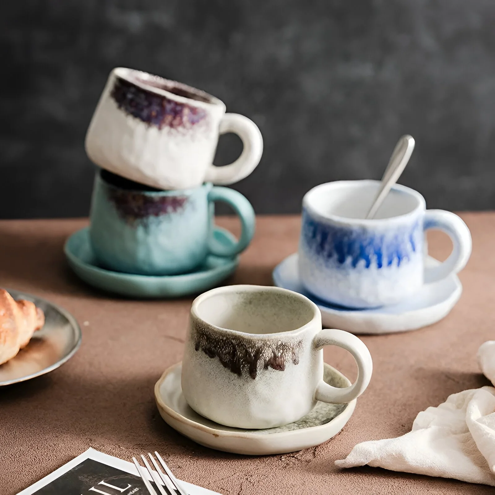 Hand-Pinched Antique Ceramic Coffee Cup & Saucer Set (250 ml)