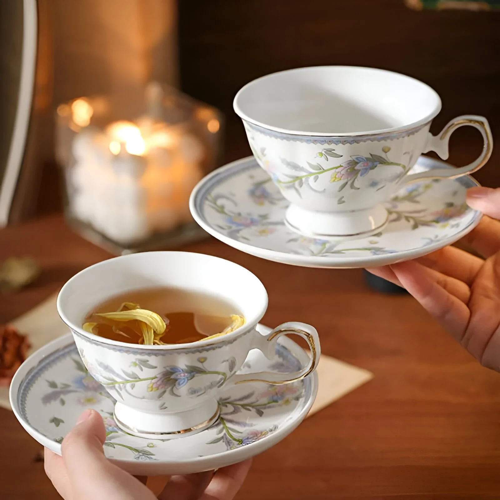 Nordic Embossed Floral Coffee Mug & Saucer with Gold Detail