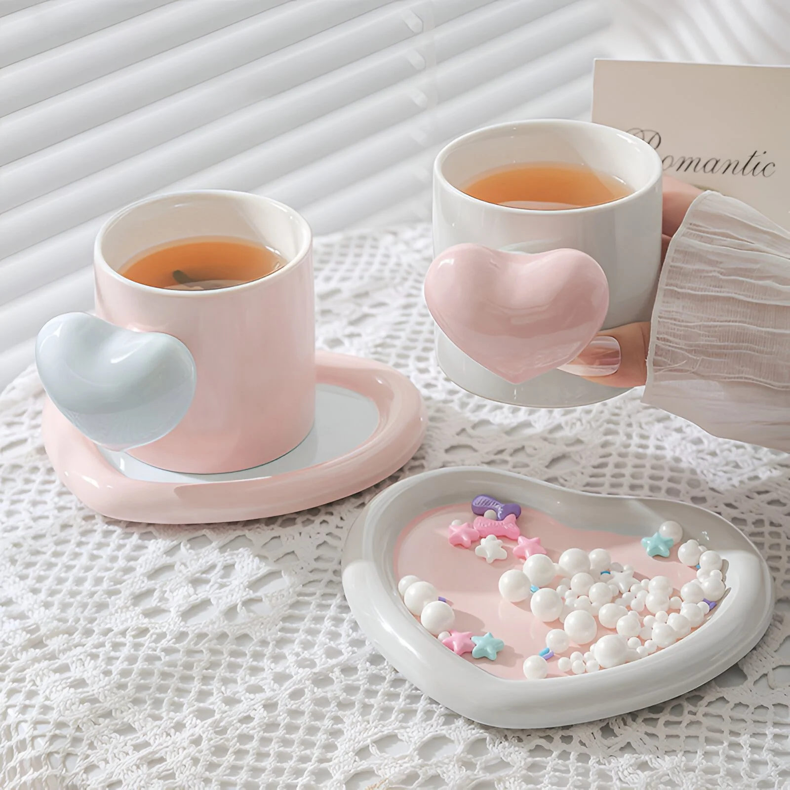 Ceramic Heart-Shaped Coffee Mug & Saucer Set – Romantic Porcelain Cup