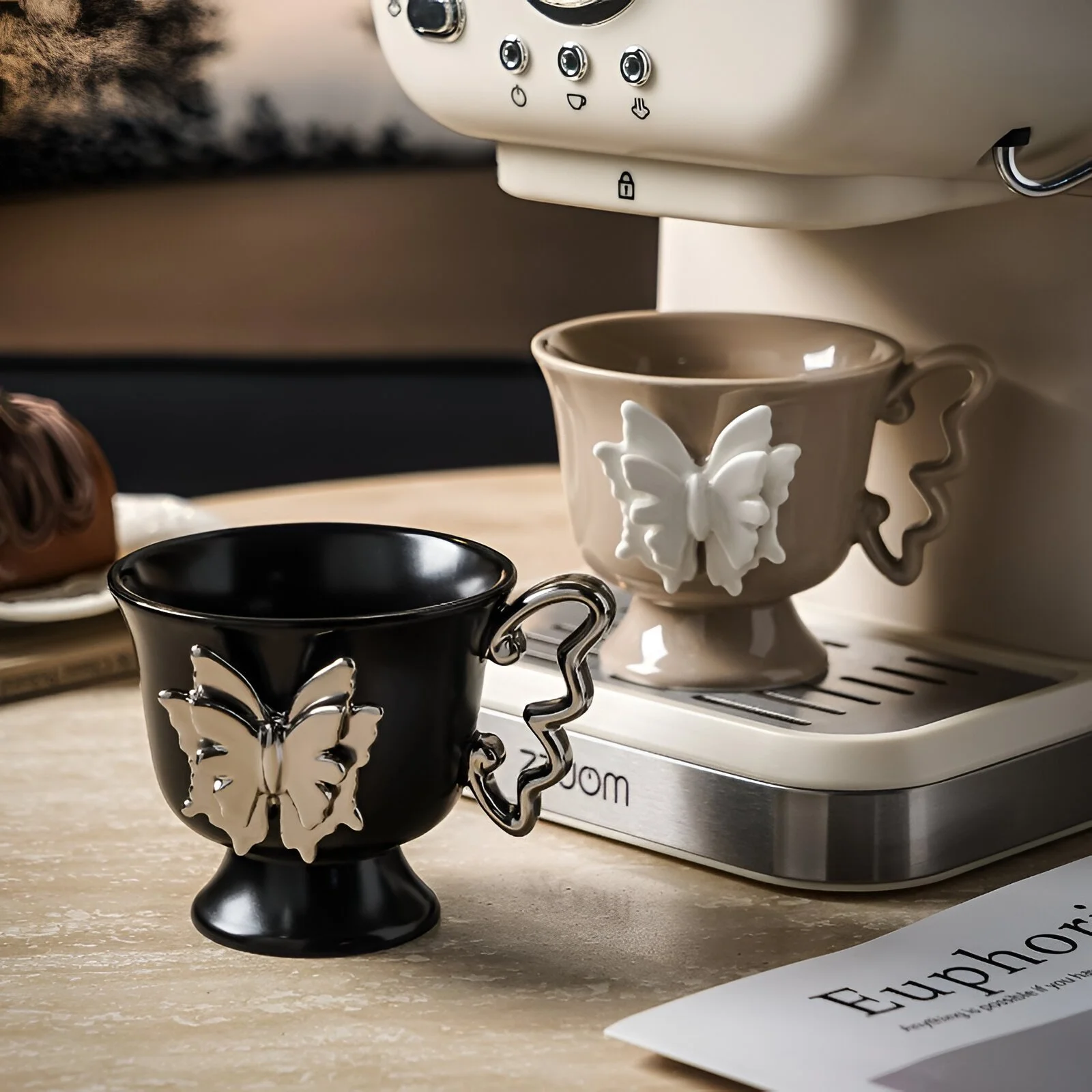 Ceramic Butterfly Embossed Coffee Mug 10 oz Elegant Handgrip Cup