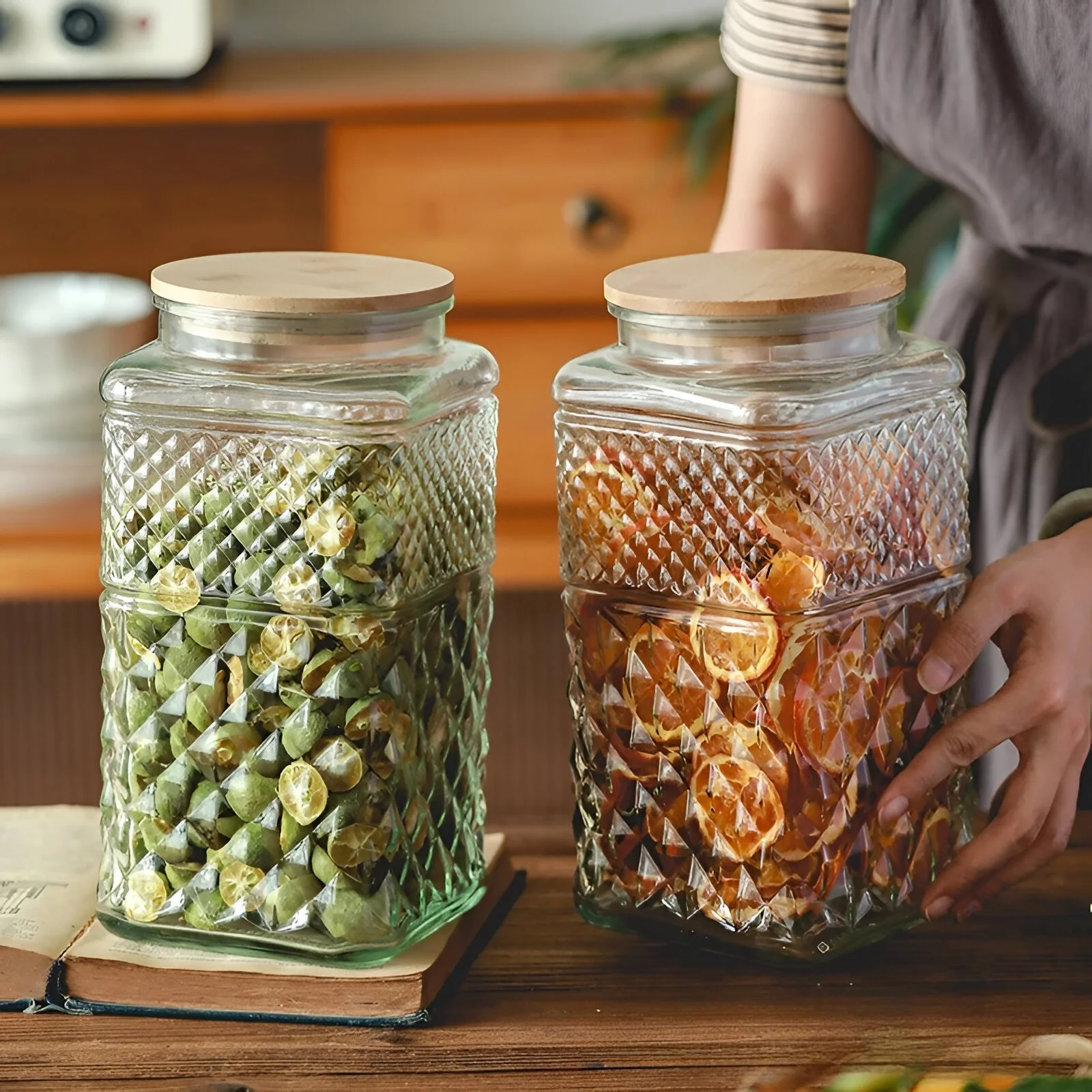 Vintage Embossed Glass Storage Jar with Wooden Lid