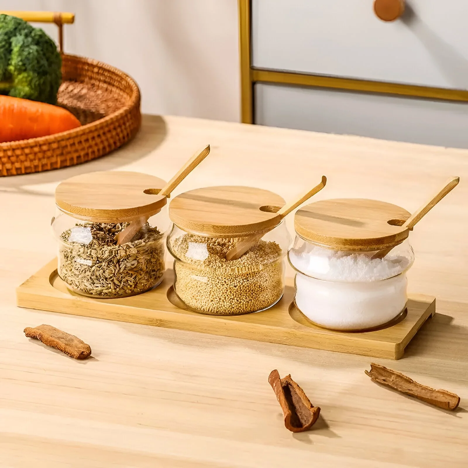 Japanese Glass Spice Jar Set with Bamboo Lid – Minimal Kitchen Shakers