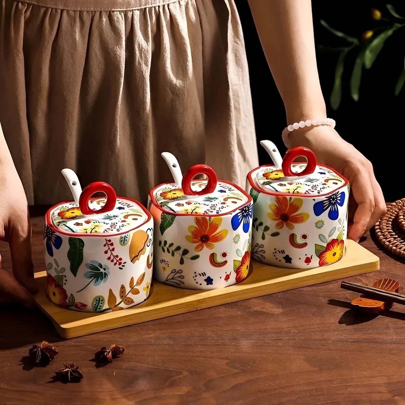 Floral Ceramic Spice Jar with Lid for Kitchen Storage