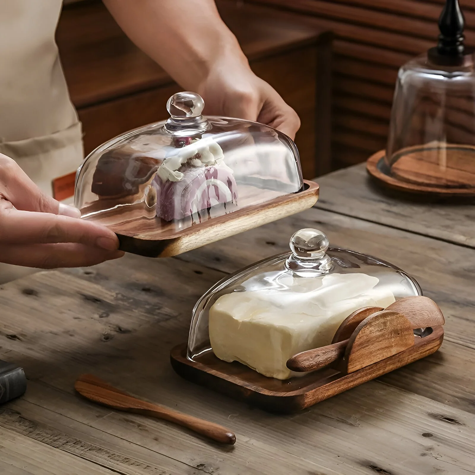 Solid Wood Cake Tray with Glass Cover Rectangular Dessert Display