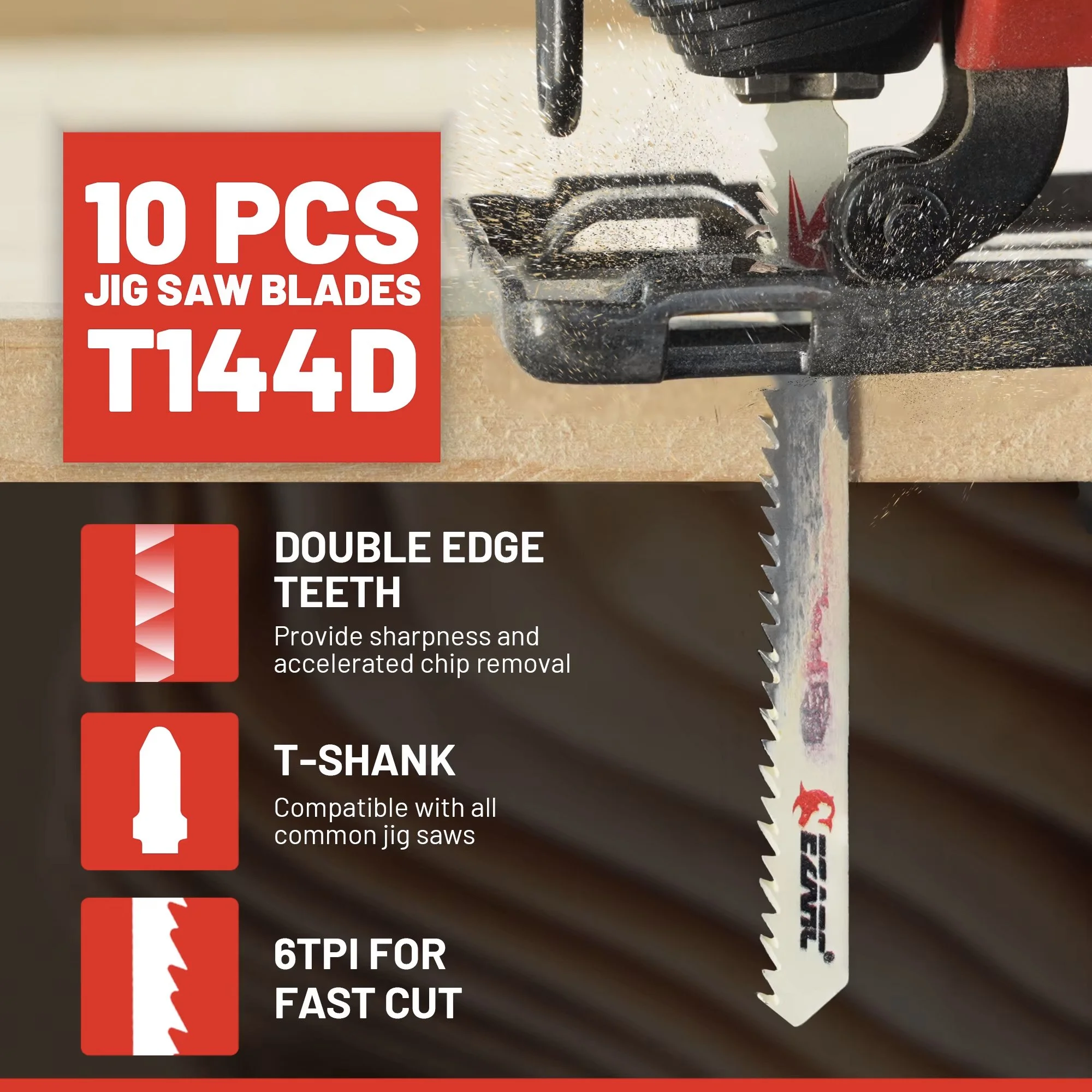 Fast Cutting Jigsaw Blades Set, 6 TPI T-Shank for Wood (10-Pack)