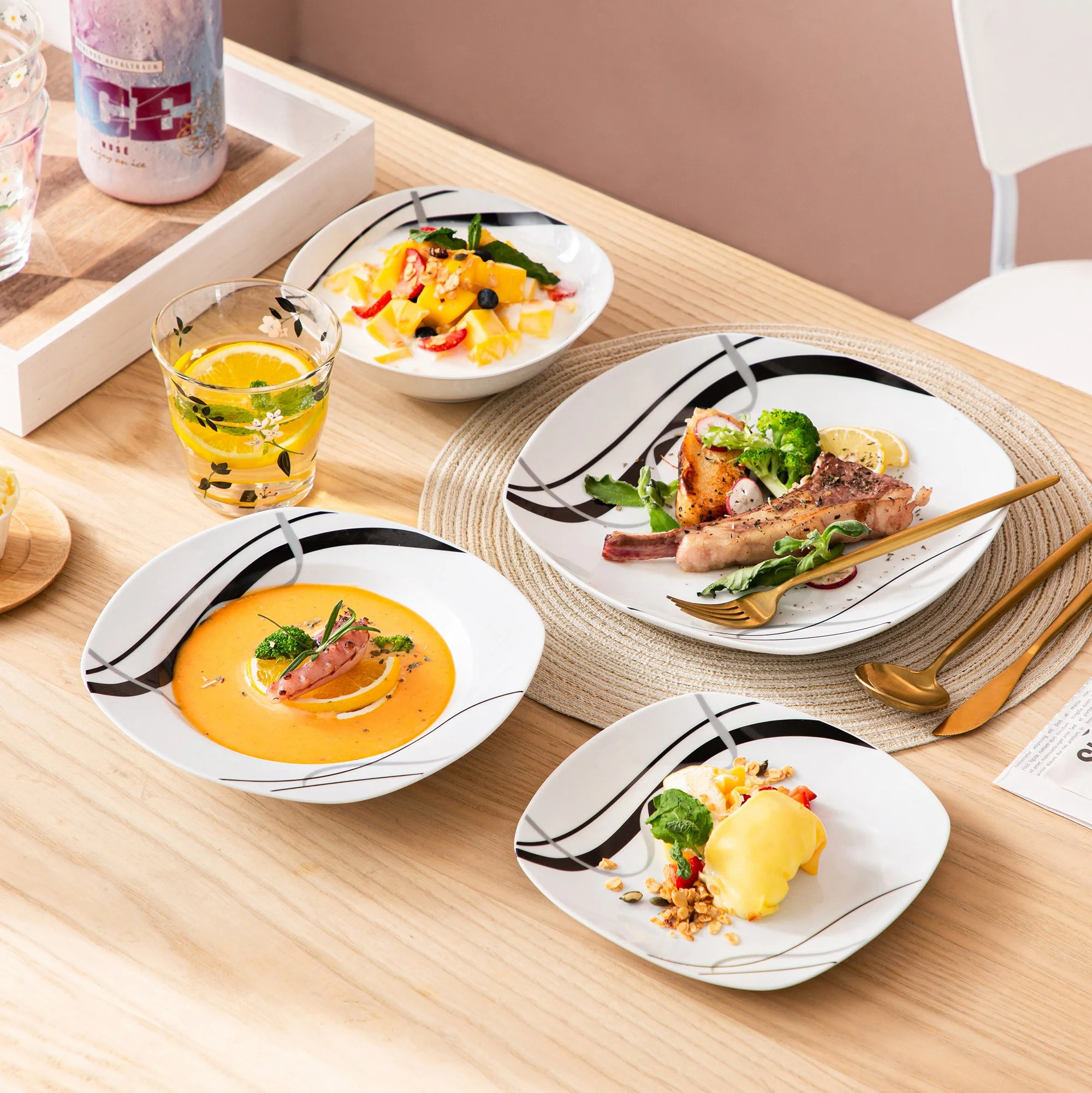 24-Piece Modern Black Porcelain Dinnerware Set with Plates, Bowls & Soup Plates