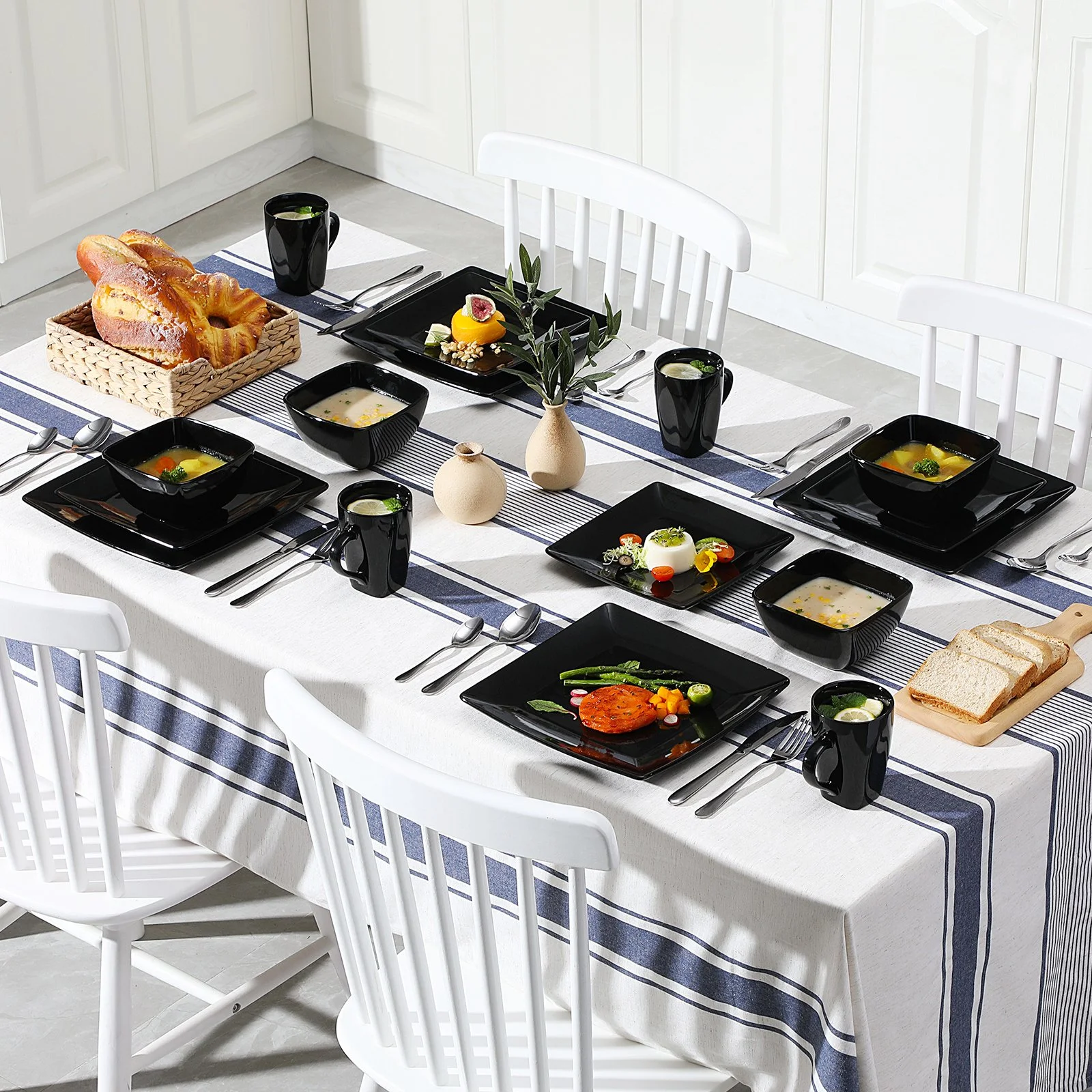 16-Piece Black Square Porcelain Dinnerware Set with Plates, Bowls & Mugs