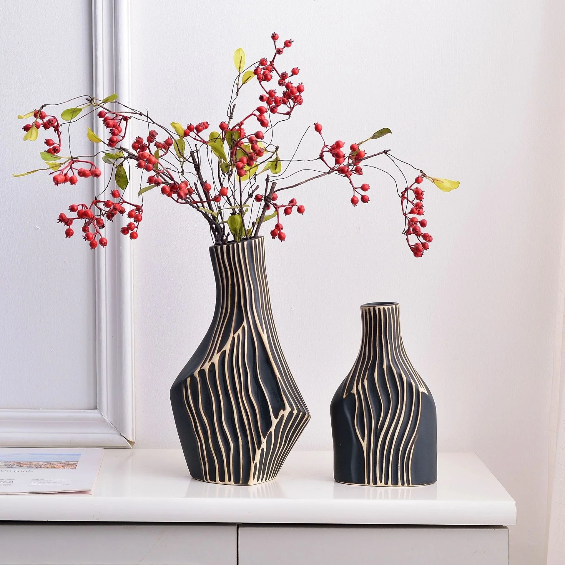 Modern Ceramic Vase with Geometric Vertical Lines