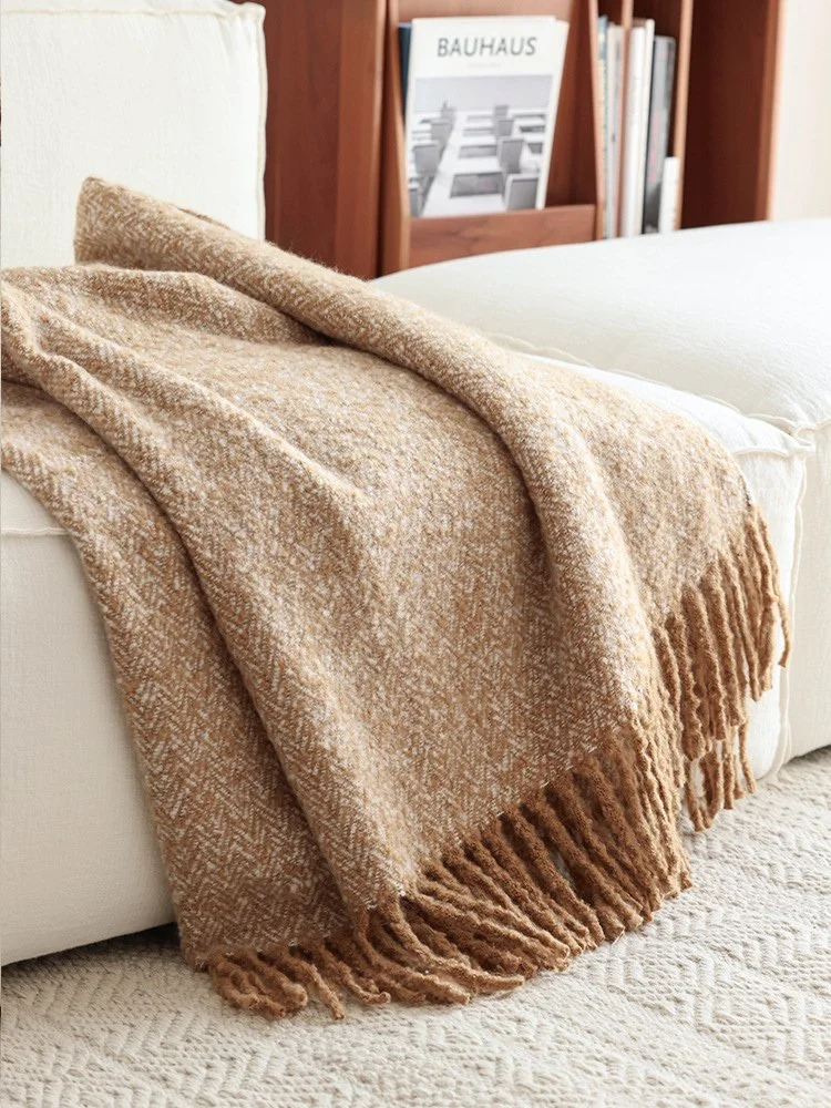 Blue Khaki Geometric Tassel Blanket - Modern Soft Sofa & Bed Throw