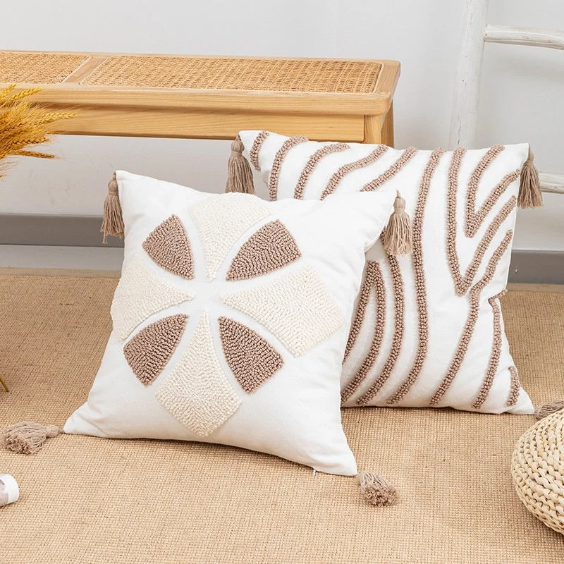 Tufted Geometric Stripe Cushion Cover 18x18in Khaki Grey Cotton Canvas