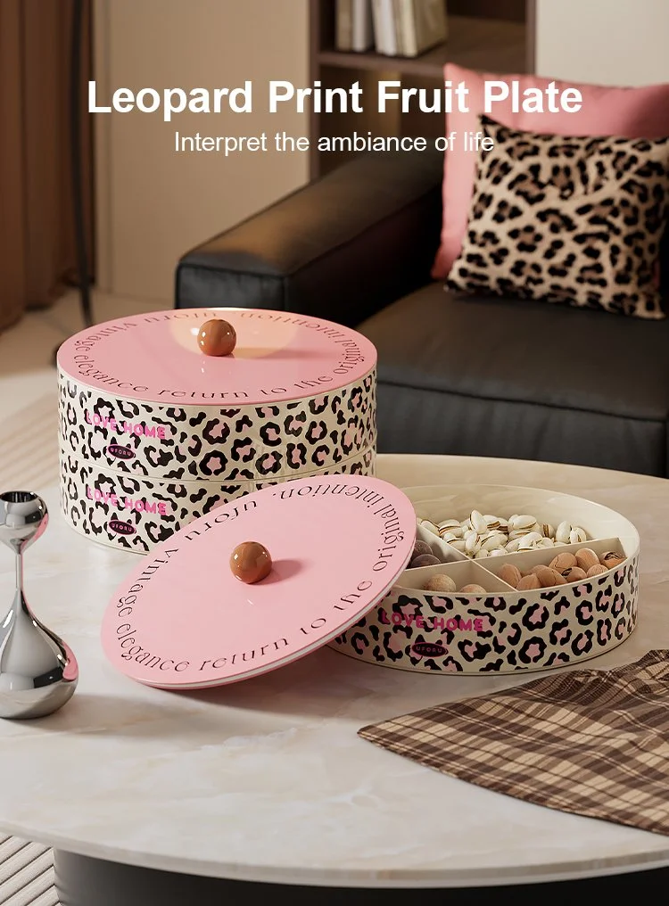Leopard Print Multi-Tier Covered Fruit Tray with Divided Compartments