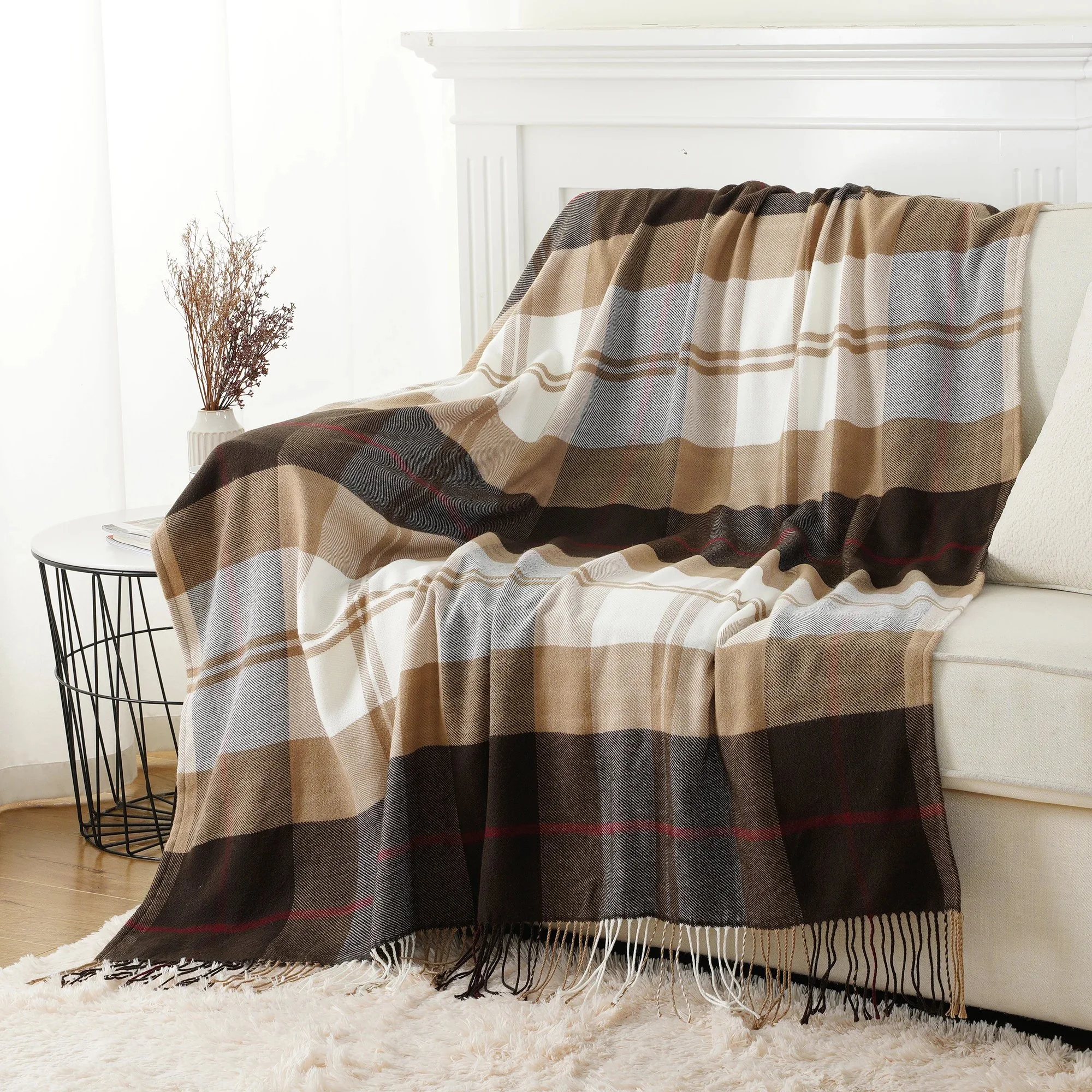Lightweight Plaid Throw Blanket for Couch, Bed, and Sofa - Cozy Cashmere Feel with Tassels