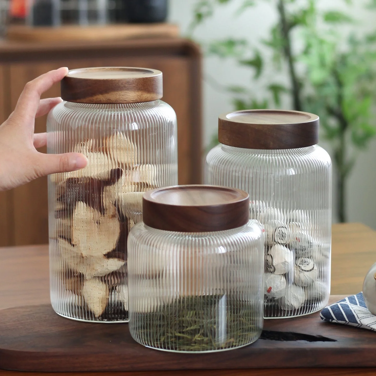 Striped Glass Tea Jar with Wooden Lid | Moisture-Proof Food Storage