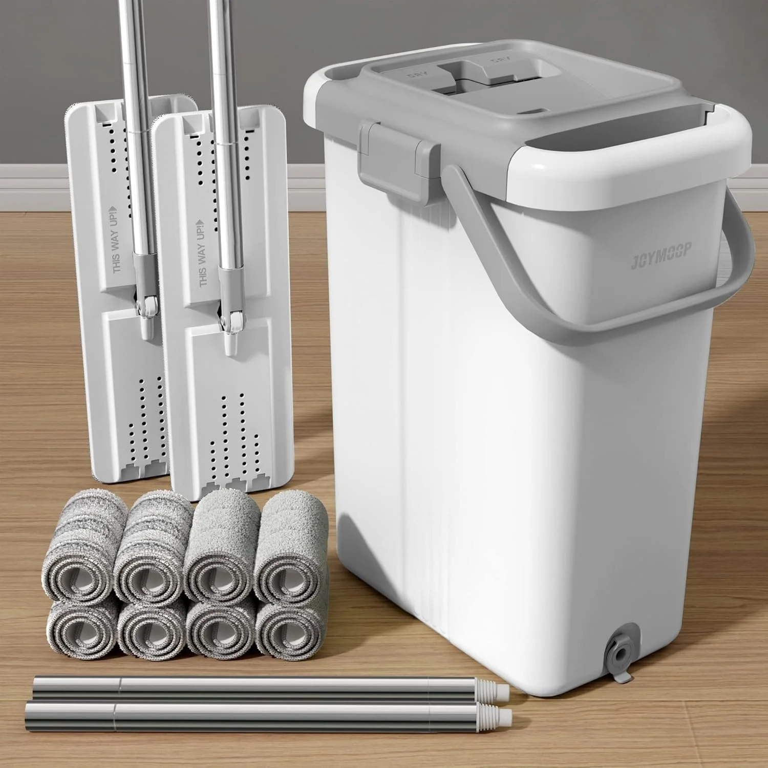 Flat Mop and Bucket Set with Wringer for Floor and Wall Cleaning, 2 Mops and 8 Microfiber Pads
