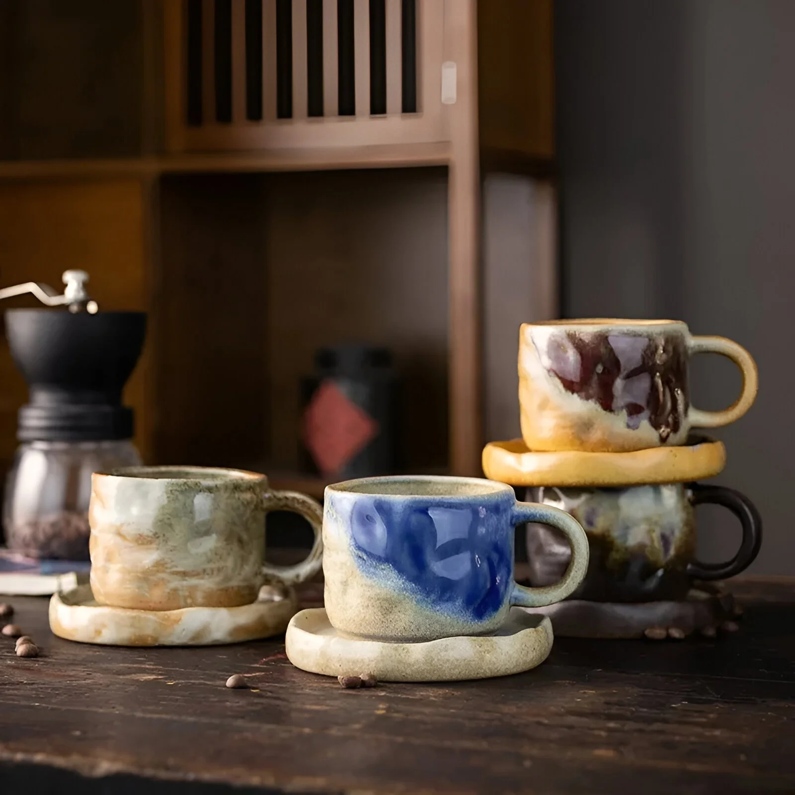 Vintage Japanese Ceramic Coffee Mug with Plate - Simple Handgrip Style, 270ml