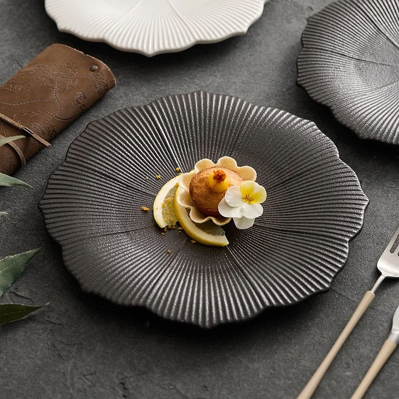 Black & White Ceramic Flower Dinner Plate for Steak, Dessert & Breakfast
