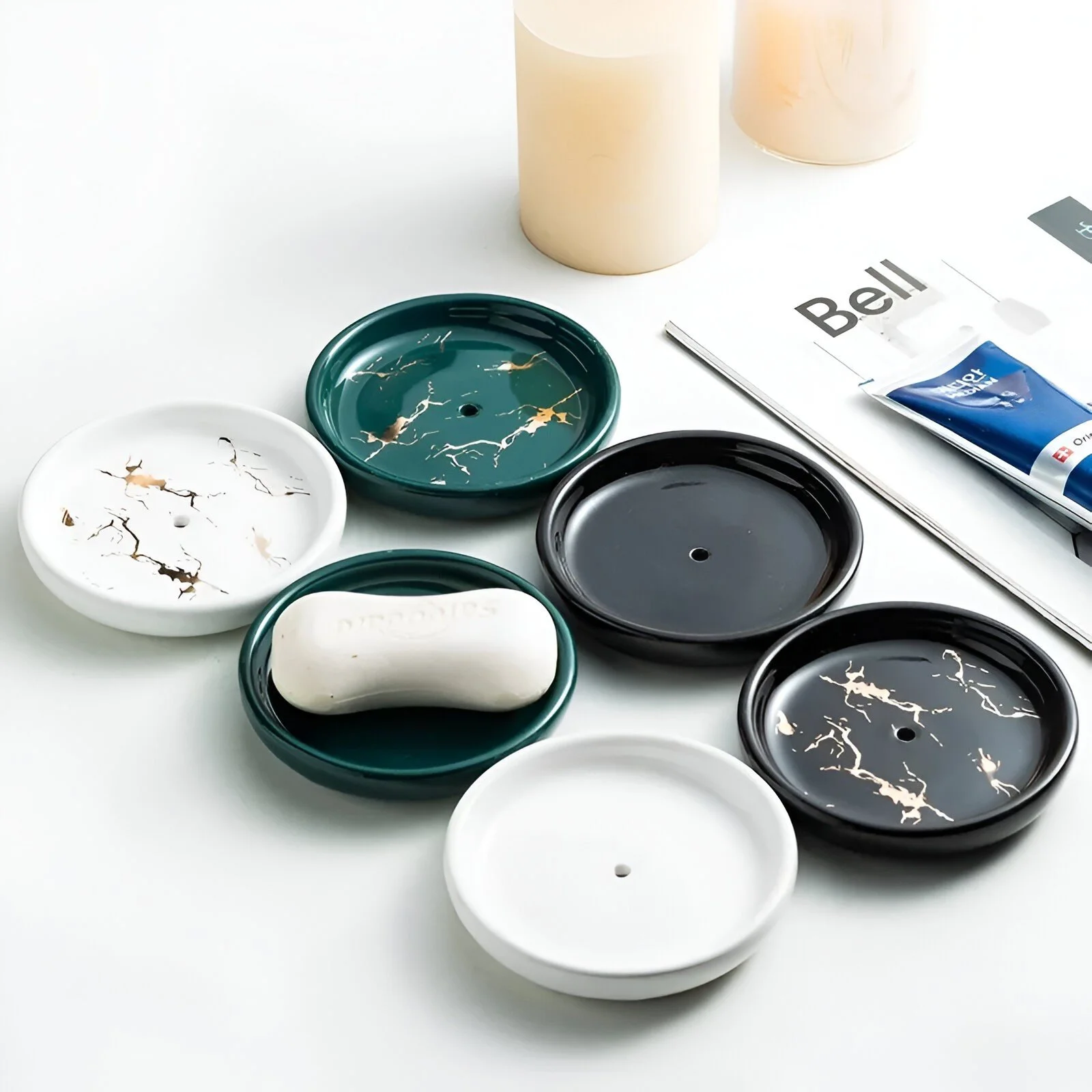 Marble Pattern Ceramic Soap Dish – Elegant Circular Soap Box for Bath Storage