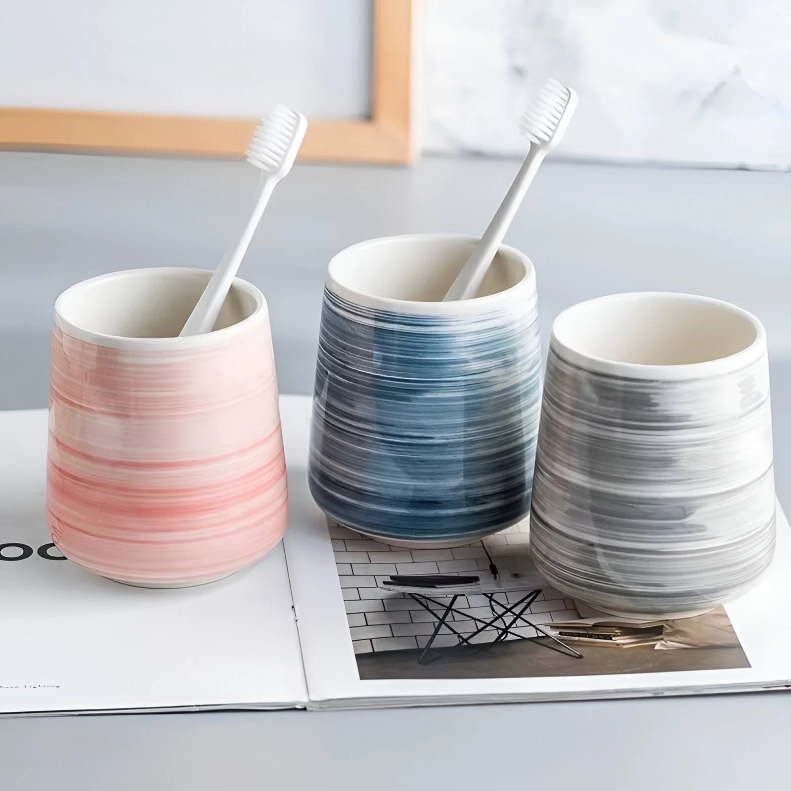 Hand-Drawn Ceramic Toothbrush & Mouthwash Cup Holder