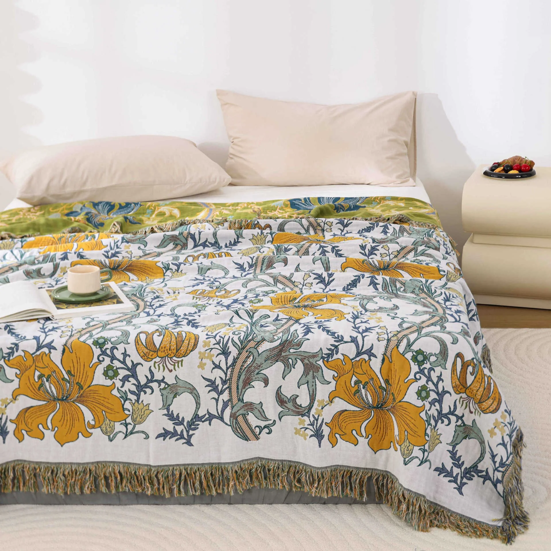 Floral Gauze Cotton Towel Blanket - Double Sided, Jacquard Weave