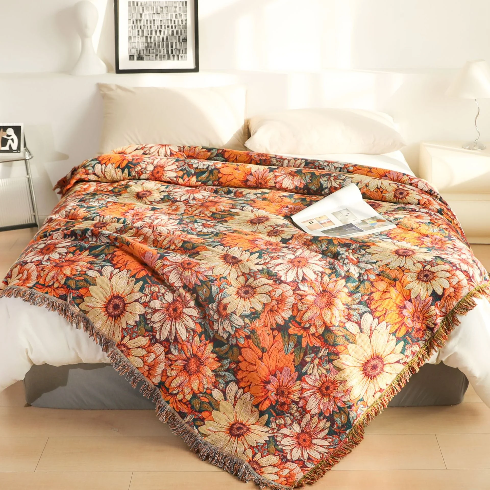Floral Non-Slip Sofa Towel & Bedspread - Jacquard Cotton Gauze, High-Quality