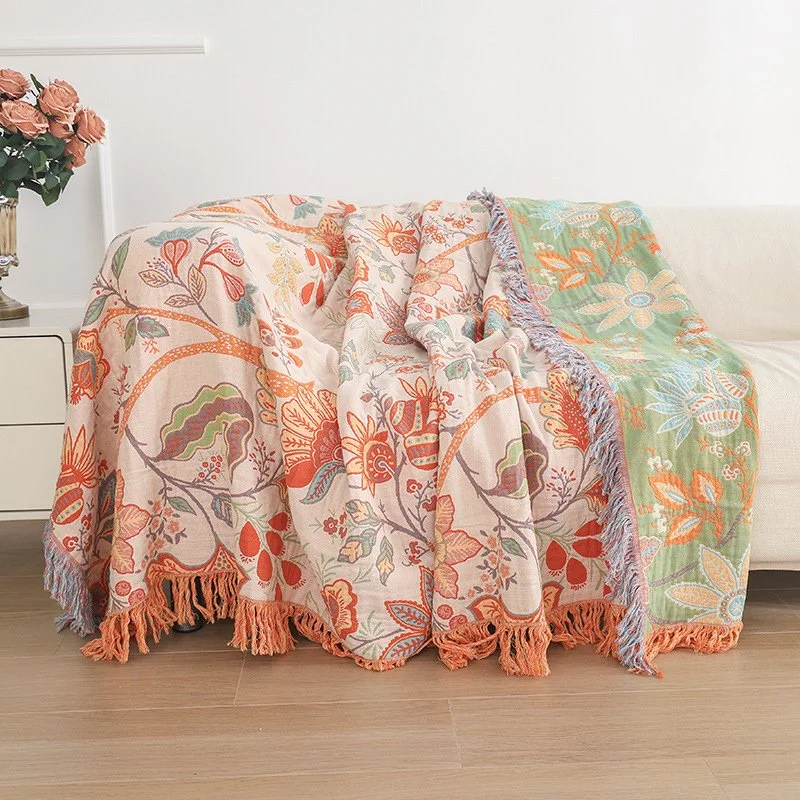 Floral Cotton Gauze Sofa Cover with Tassels