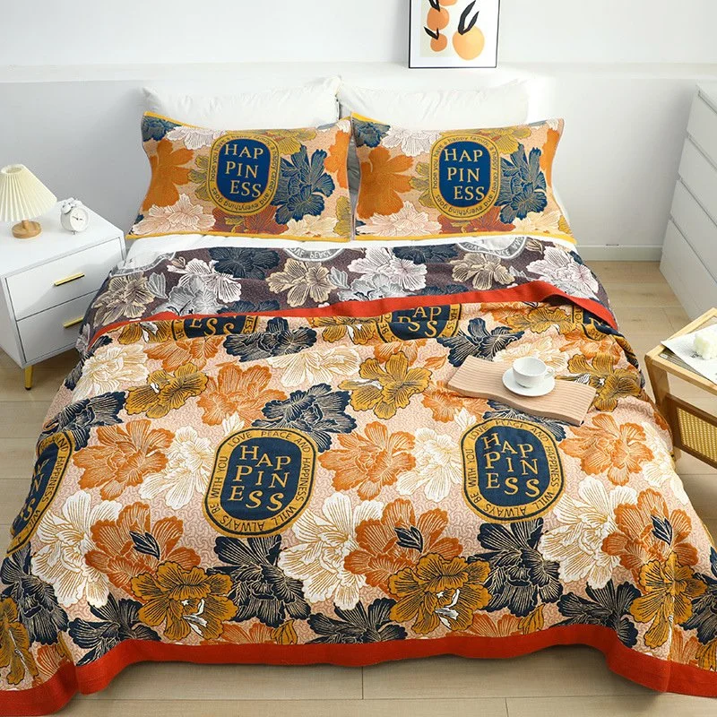 Floral Organic Cotton Jacquard Blanket & Towel Set for Bed, Sofa & Travel