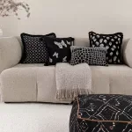 Black & White Boho Embroidered Pillow Cover with Textured Modern Pattern
