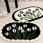 Oval Tufting Tulip Bathmat - Soft Black & White Bathroom Rug for Bedroom, Door Mat, Floor Safety Pad