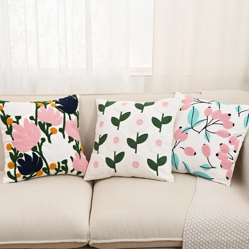 Floral Embroidered Cushion Cover 18x18 Inches Cotton Jacquard Pillowcase