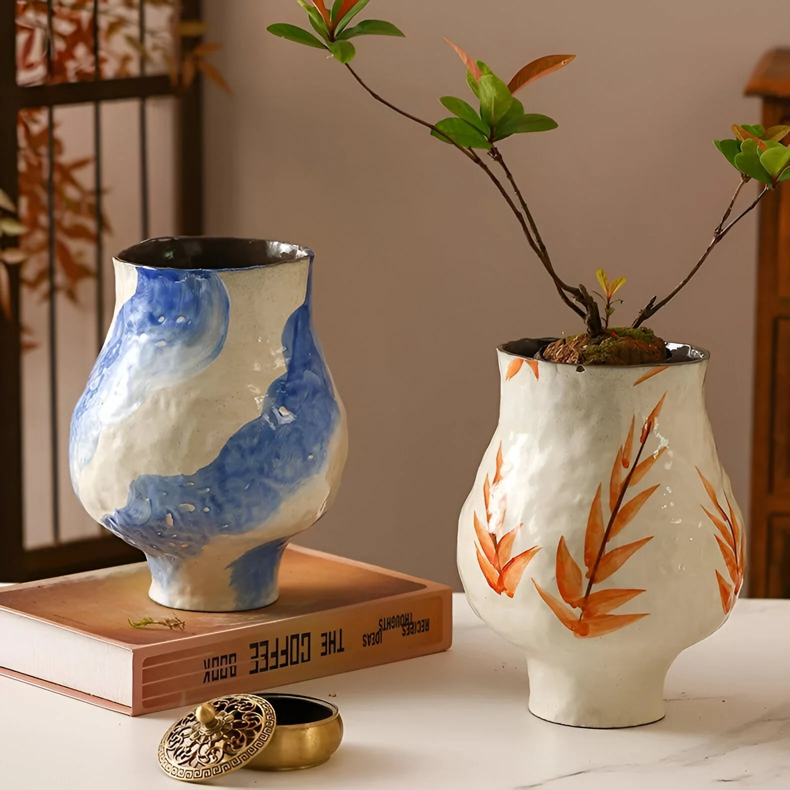 Painted Ceramic Table Vase for Floral Arrangements & Home Decor